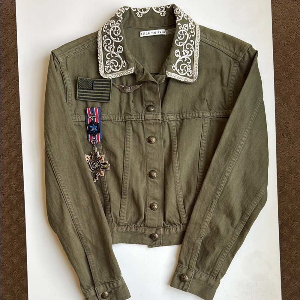 Alice + Olivia Green Cropped Utility Jacket with Embellished Collar